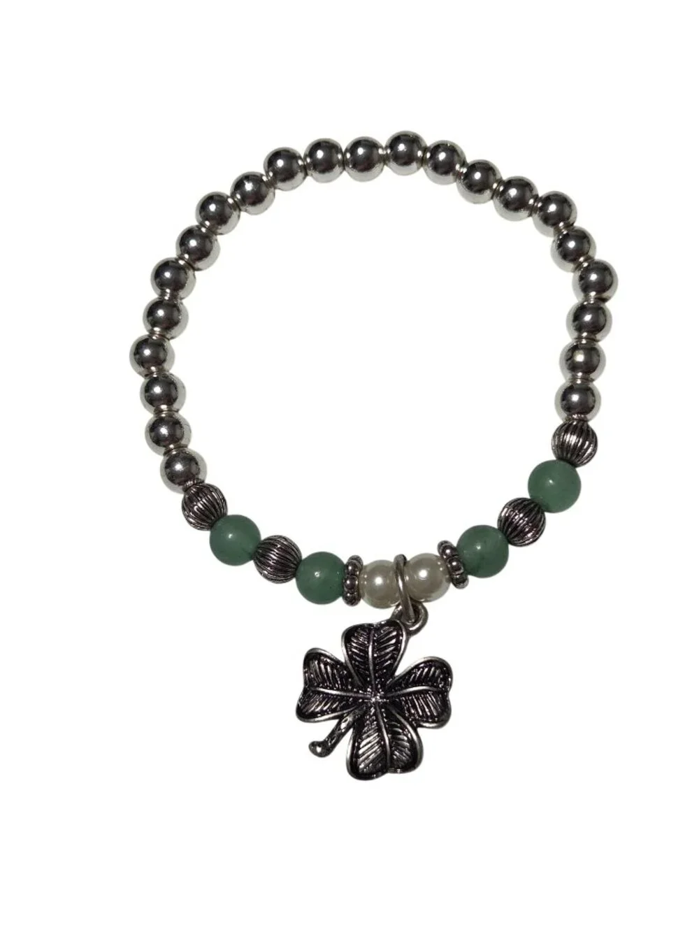 Handmade 4 Leaf Clover Bracelet Silver Beads Shamrock Green Fashion Jewelry